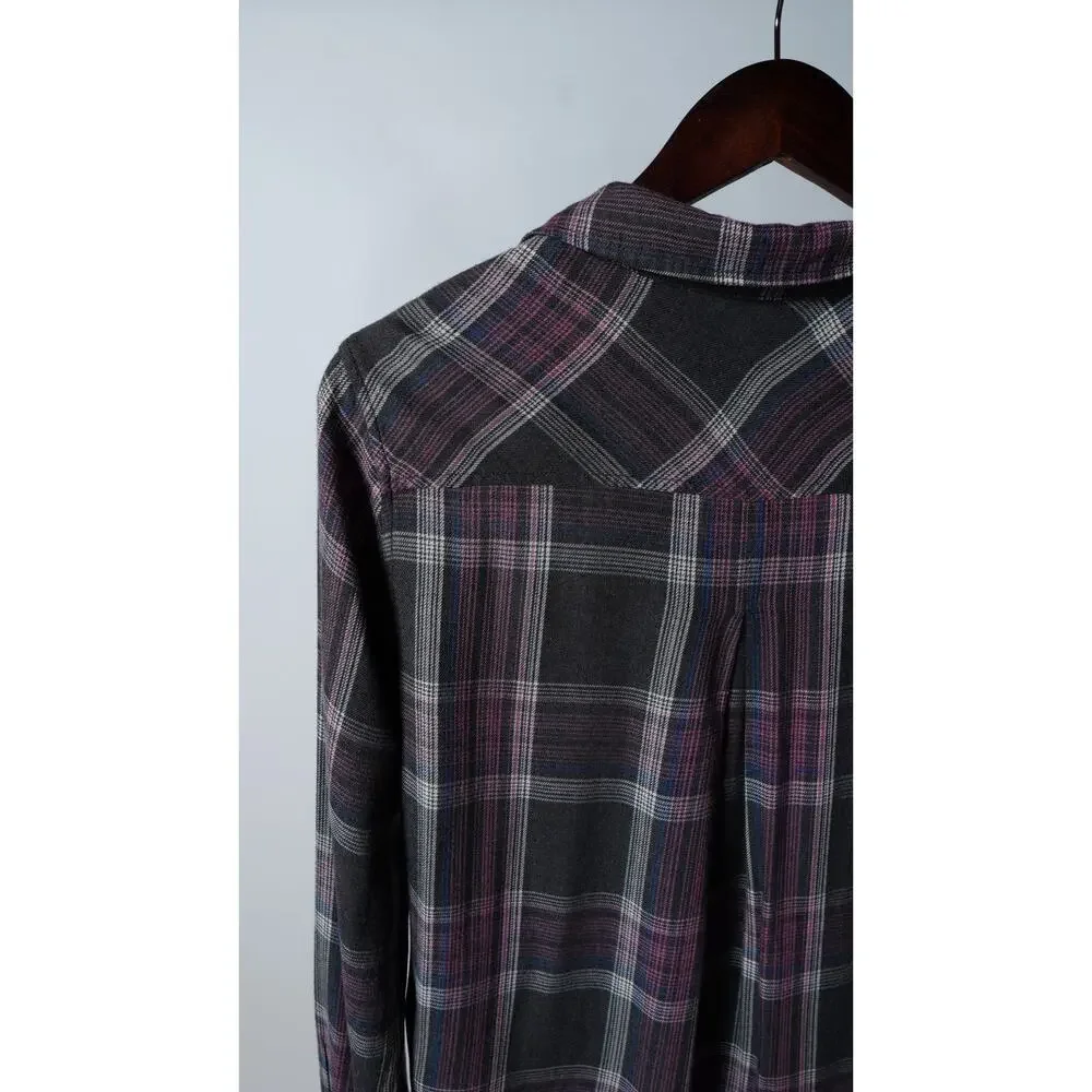 Cloth & Stone Brown Purple Plaid Top Frayed Hem Size S
